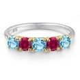 thumbnail image 3 of Gem Stone King 925 Silver and 10K Yellow Gold Swiss Blue Topaz and Red Created Ruby Wedding-Bands Ring for Women | 1.57 Cttw | Round 4MM | Gemstone November Birthstone | Size 7, 3 of 6