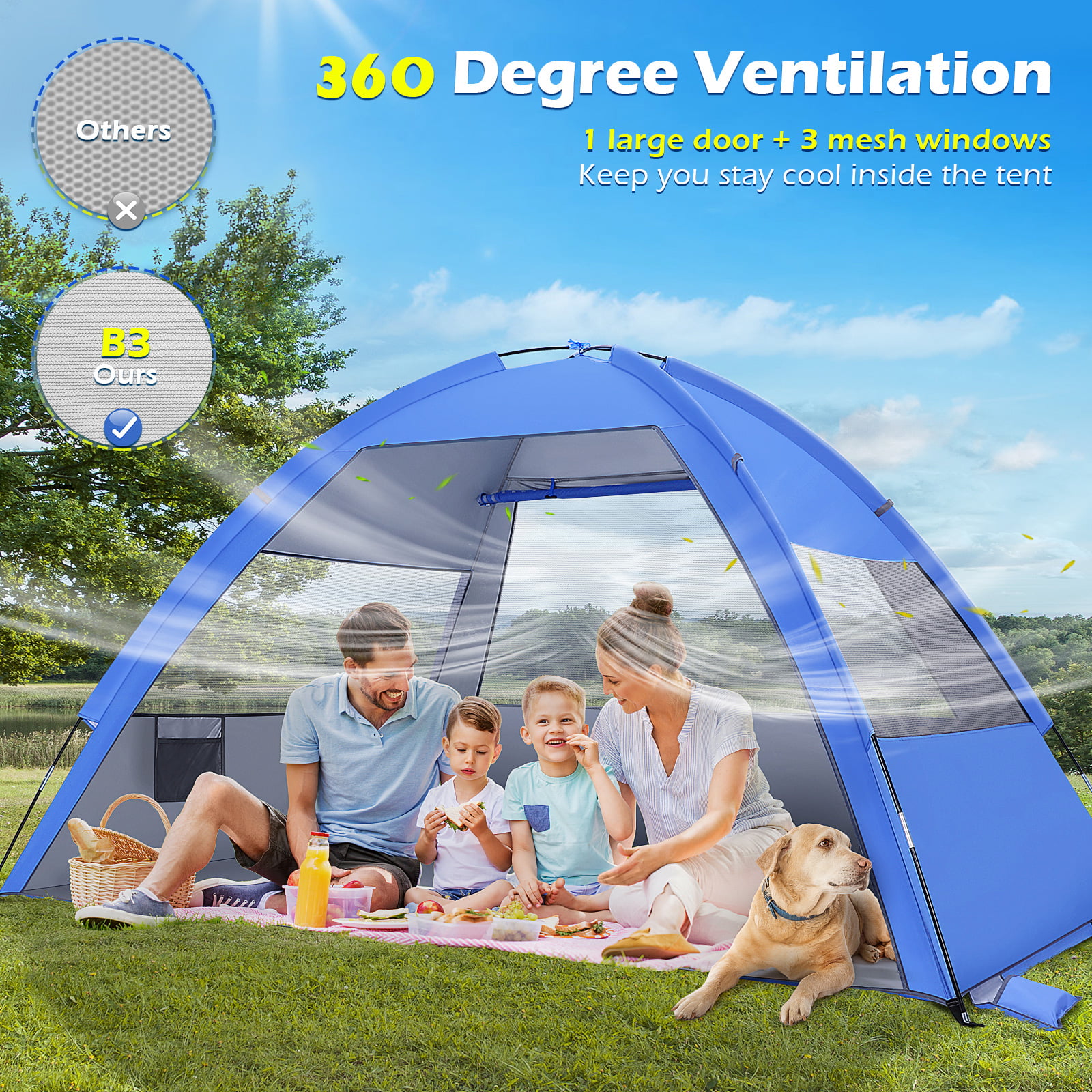 Durable Polyester Easy Up 4 Person Beach Tent Sun Shelter & Extended Porch XL 