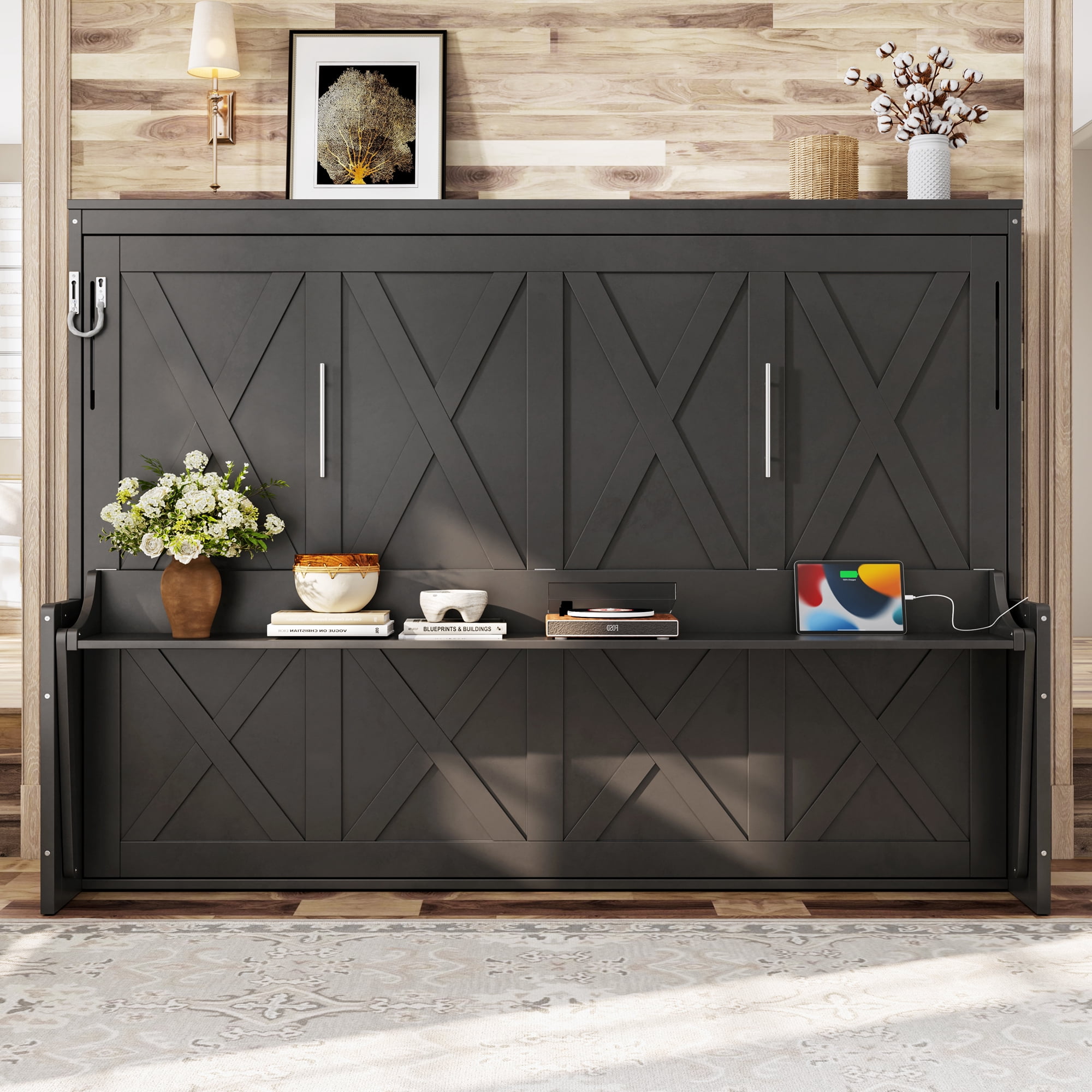 Leumius Queen Size Murphy Bed with Storage & Charging Station,Modern Murphy Cabinet with Desk,Multifunctional Storage Cabinet Bed with Foldable Panel for Guest Bedroom, Living Room, Office,Dark Gray