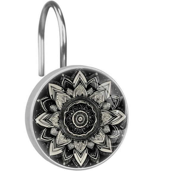 Dark Bohemian Mandala Shower Curtain Hooks Round Crystal Glass, Set of 12 Shower Curtain Rings - Shower Hooks for Curtain Shower Rings