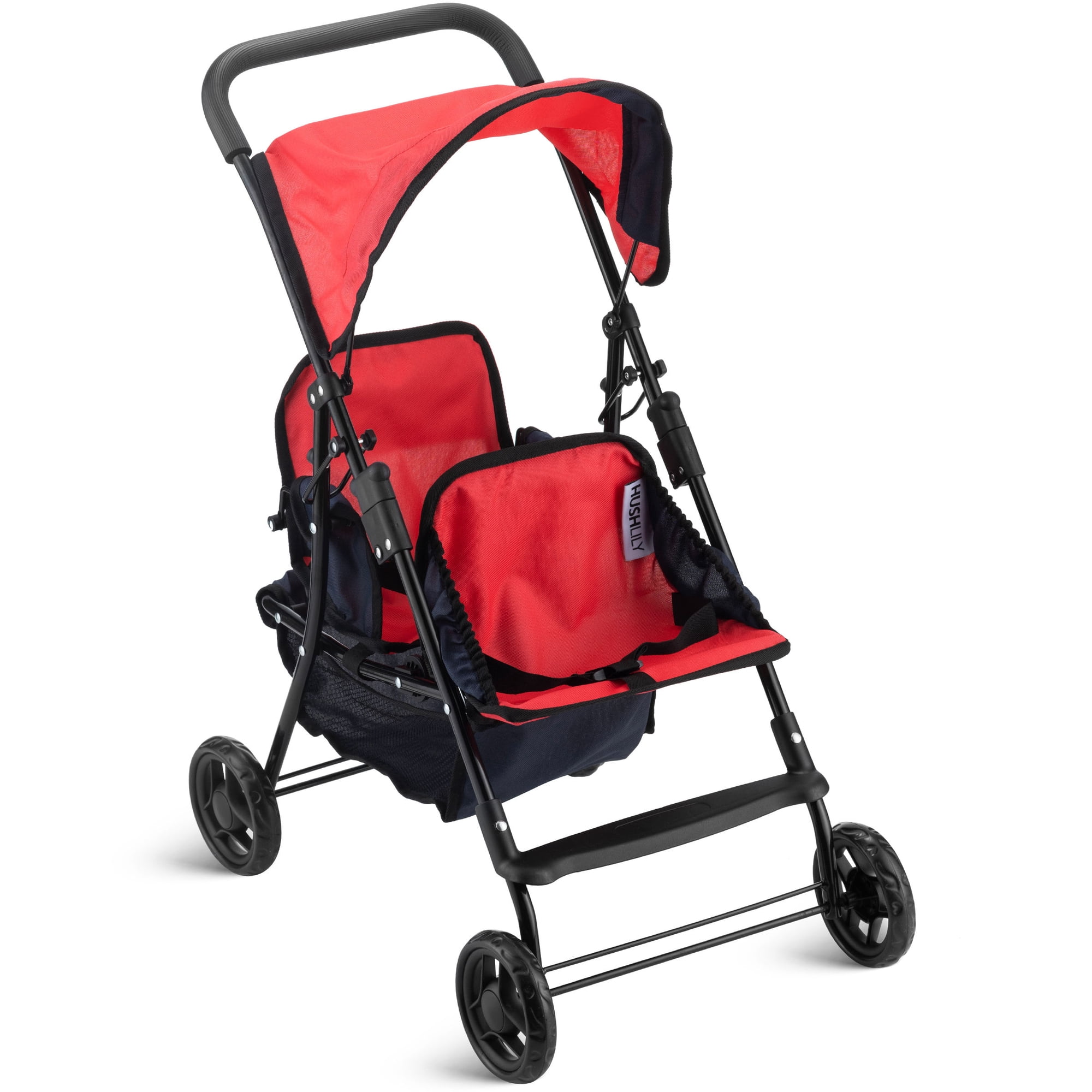 HUSHLILY - Tandem Double Doll Stroller with Adjustable Canopy & Basket Foldable with Smooth Rolling Wheels (Red & Blue)
