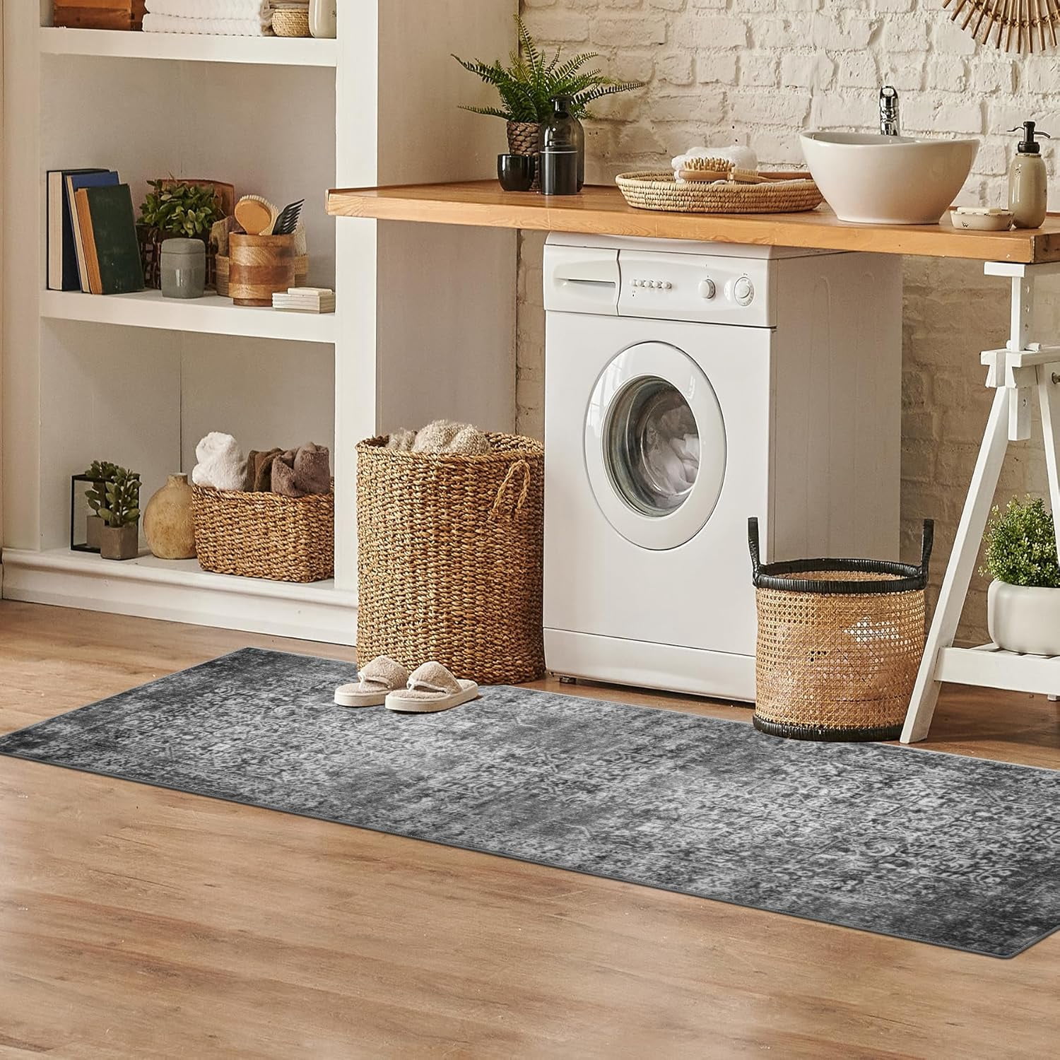 Kitchen Rugs Sets of 3 Non Slip Washable Kitchen Mats for Floor 3 Piece Set Blueish Black Kitchen Mat Set Boho Runner Carpets Absorbent for Laundry Room Hallway Sink Front Door