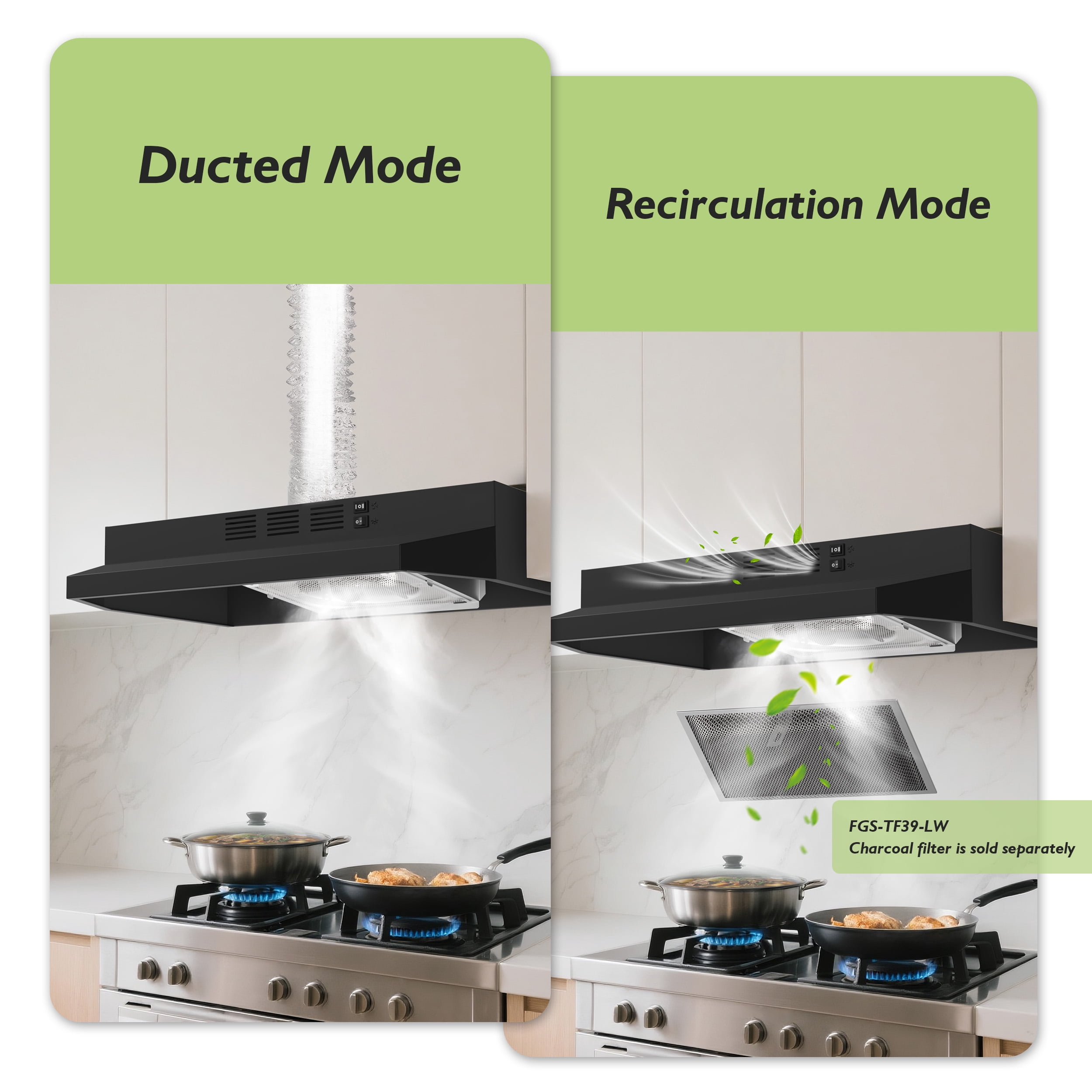 FIREGAS Black Range Hood 24 inch Under Cabinet Range Hood with 2 Speed Exhaust Fan,Ducted/Ductless Convertible,Rocker Button Control,300 CFM,Aluminum Filter