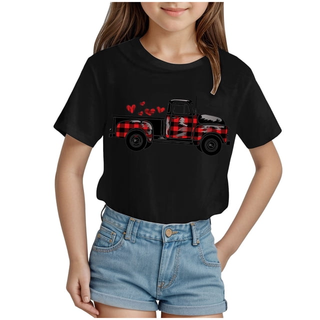 Akiihool T-Shirts à Manches Courtes pour Filles T-Shirt à Imprimé Graphique pour Fille Col Rond T-Shirts à Manches Courtes Été Mignon Tendance Hauts (Noir, 11-12 Ans)
