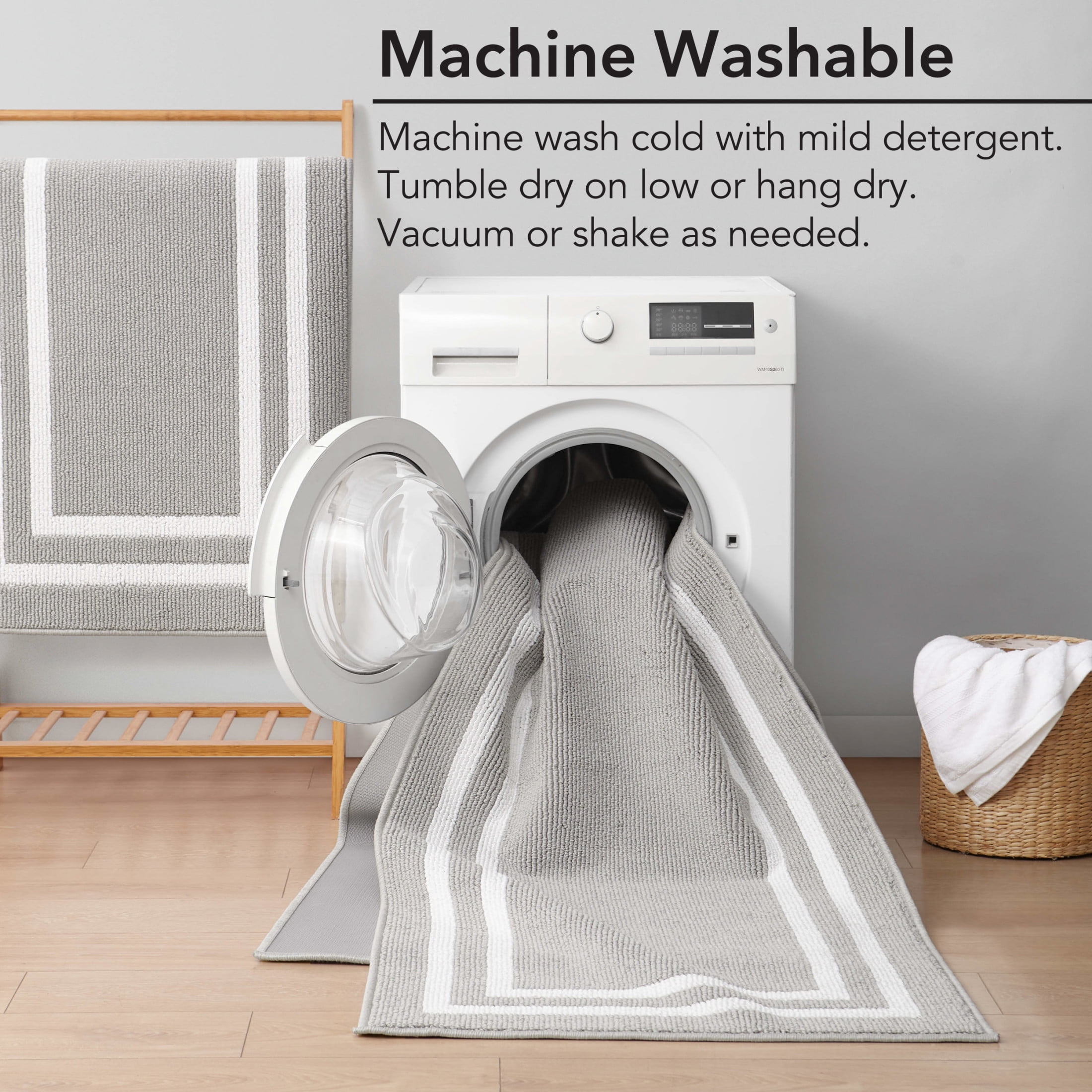 Washable Skid-Resistant Runner Rug, Border, Light Grey and White, 26" x 45" and 26" x 60" 2-Piece Set