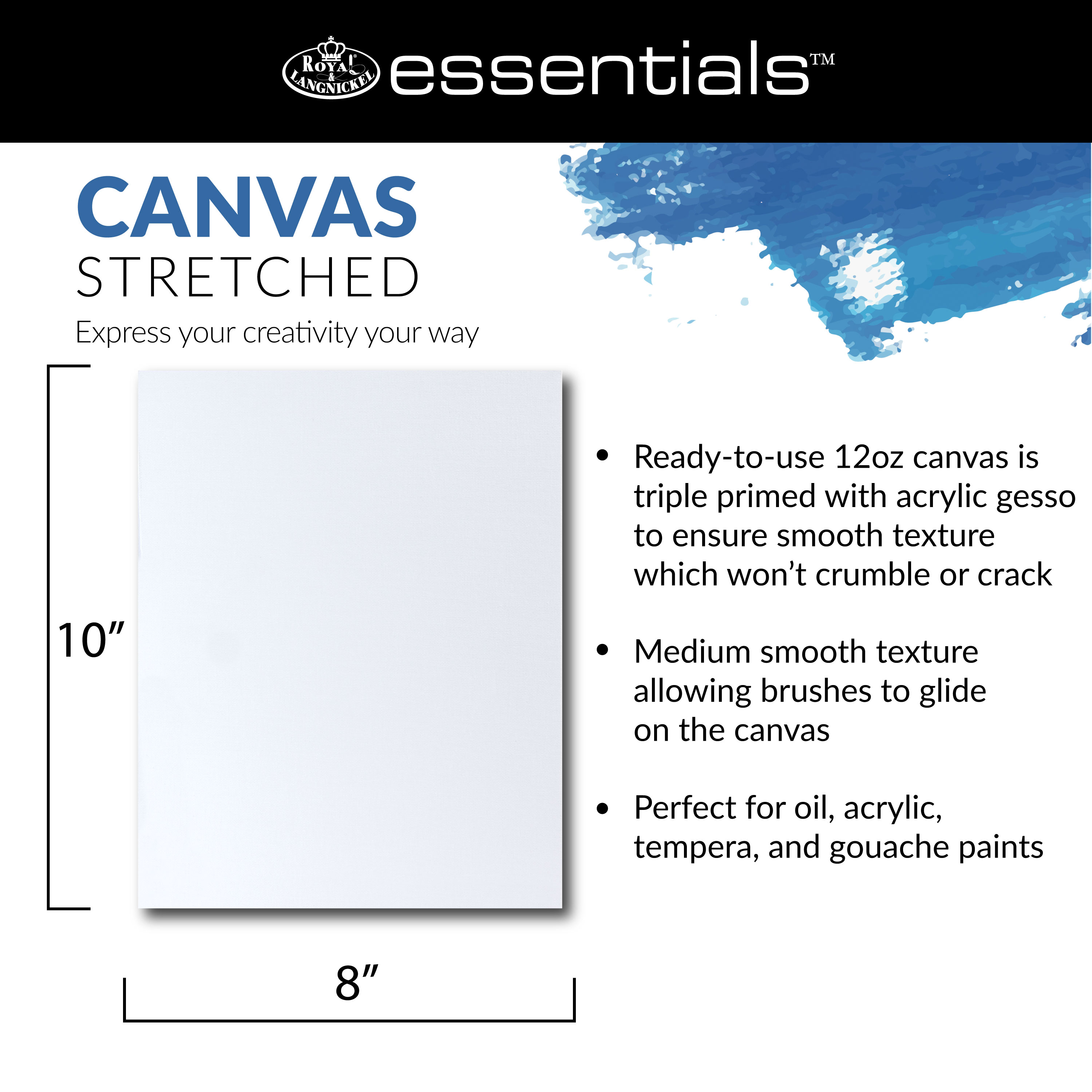 Royal & Langnickel Essentials 8" x 10" Stretched Canvas, 10Pk