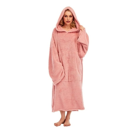 

STEADY Women s Autumn And Winter Long-sleeved Plus Home Wear Hooded Solid Color Loose PajamasPink / One Size