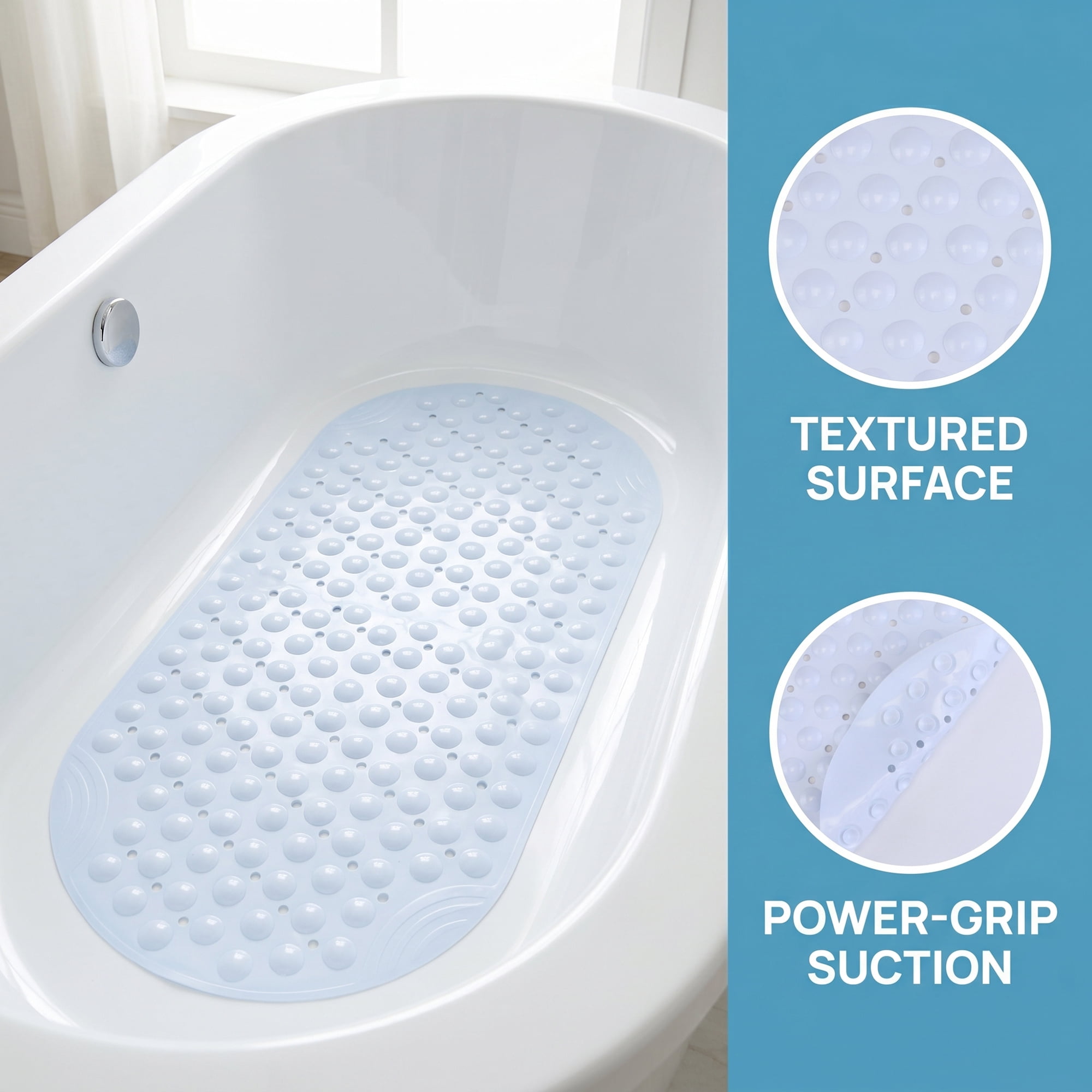 Unique Bargains Bathtub Mat Non-Slip Strong Suction Cups with Drain Holes White 35" x 16"