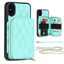 iPhone X Wallet Case, iPhone XS Cover, Allytech Zipper Case with Card Holder Slot Crossbody Chain Strap Handbag Purse Wrist Strap Shockproof PU Leather Case for iPhone X/ XS 5.8", Green