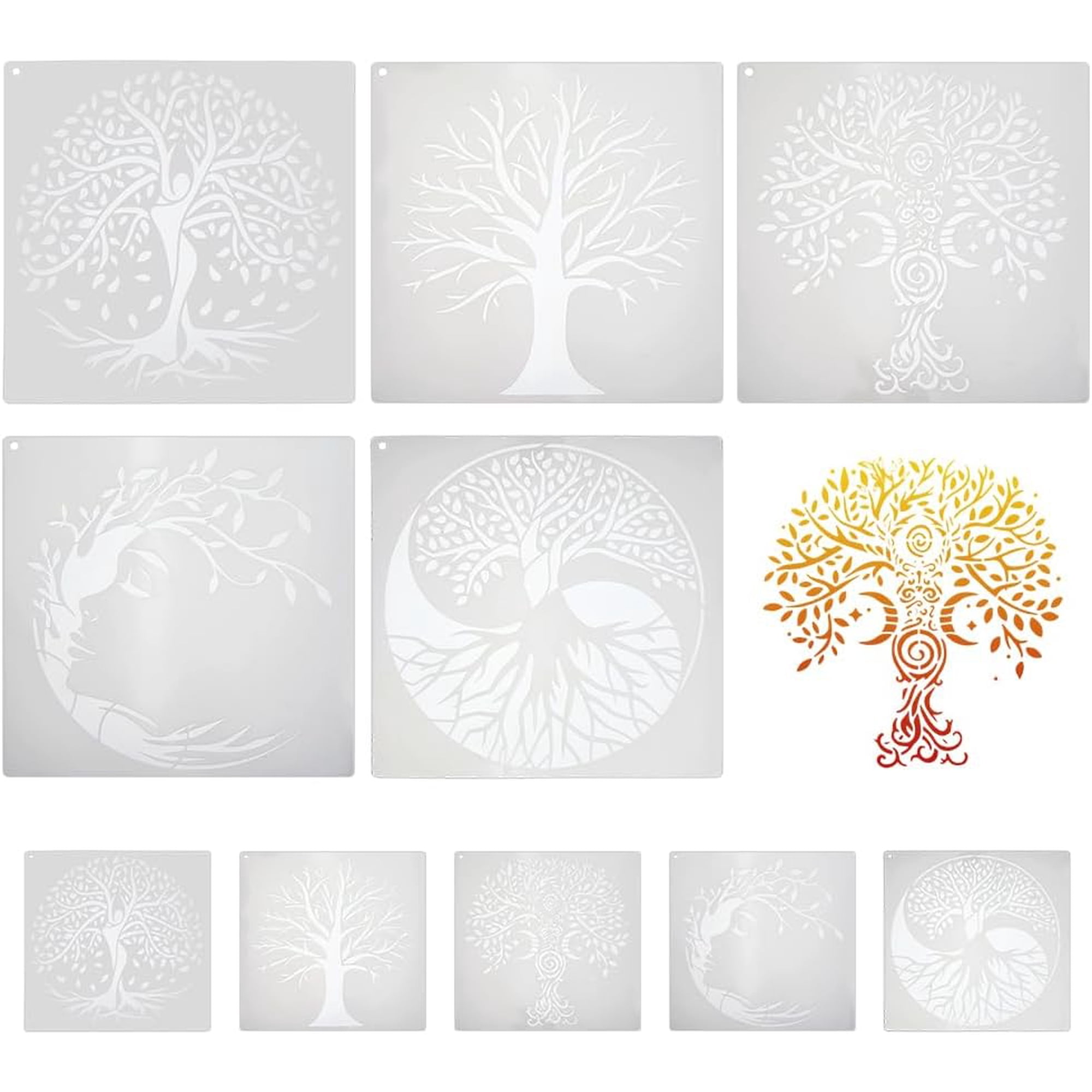 10Pcs 10 Styles PET Plastic Hollow Out Drawing Painting Stencils Templates White Tree of Life 150~300x150~300x0.3mm 1pc/style Craft Supplies