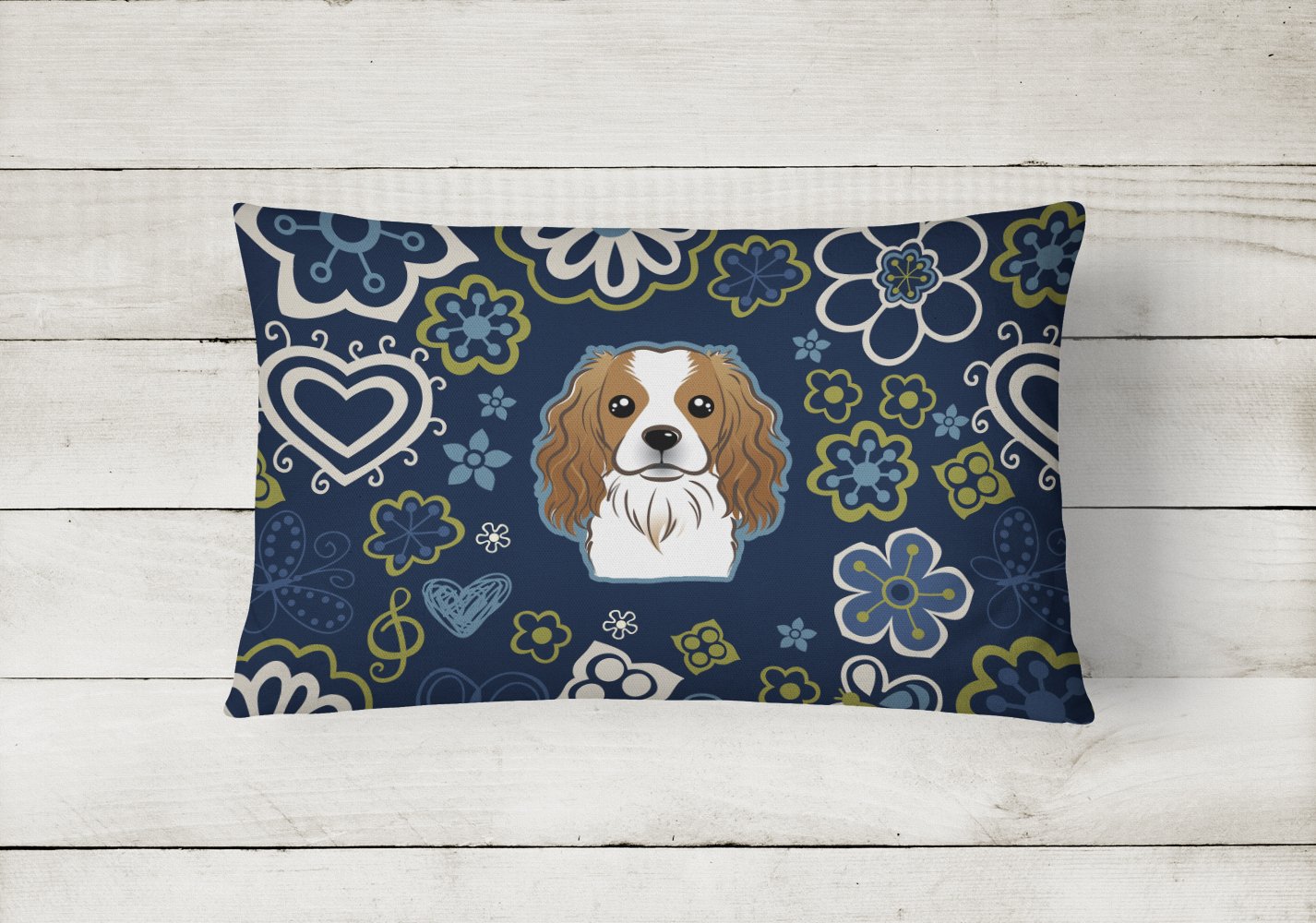 Caroline's Treasures BB5075PW1216 Blue Flowers Cavalier Spaniel Canvas Fabric Decorative Pillow , 12H x16W, multicolor