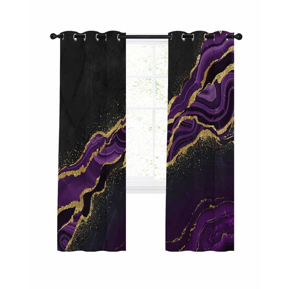 Marble Black Blackout Curtains, Light Blocking Print Window Curtains, Purple Gold Art Abstract Vintage Farmhouse Thermal Insulated Window Drapes for Living Room Kitchen Cafe 2 Panels, 84"W x 84"L