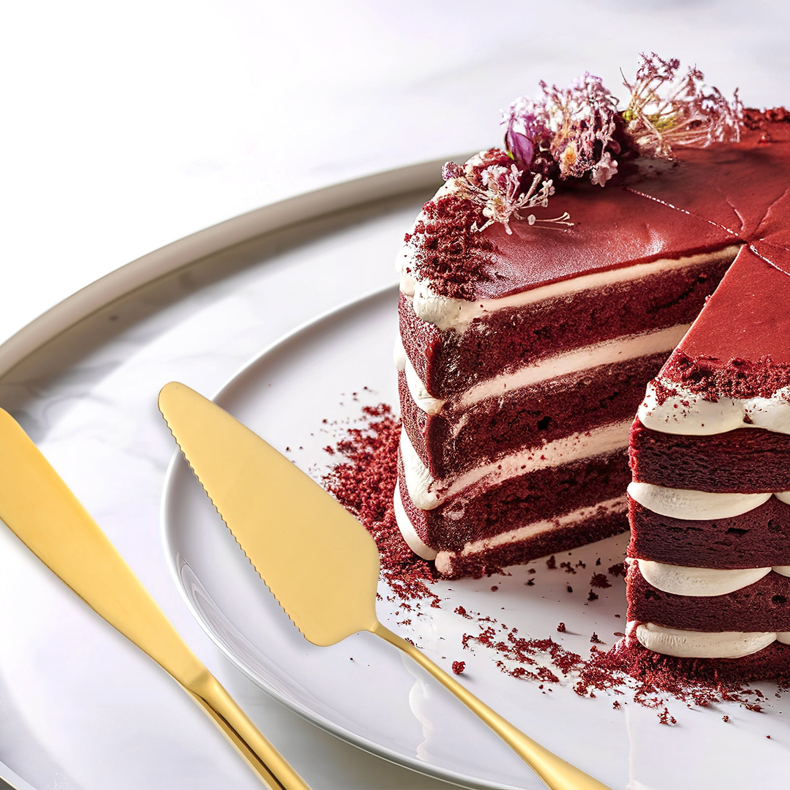 Unique Bargains Stainless Steel Cake Knife Server Set Gold Cake Cutting Set