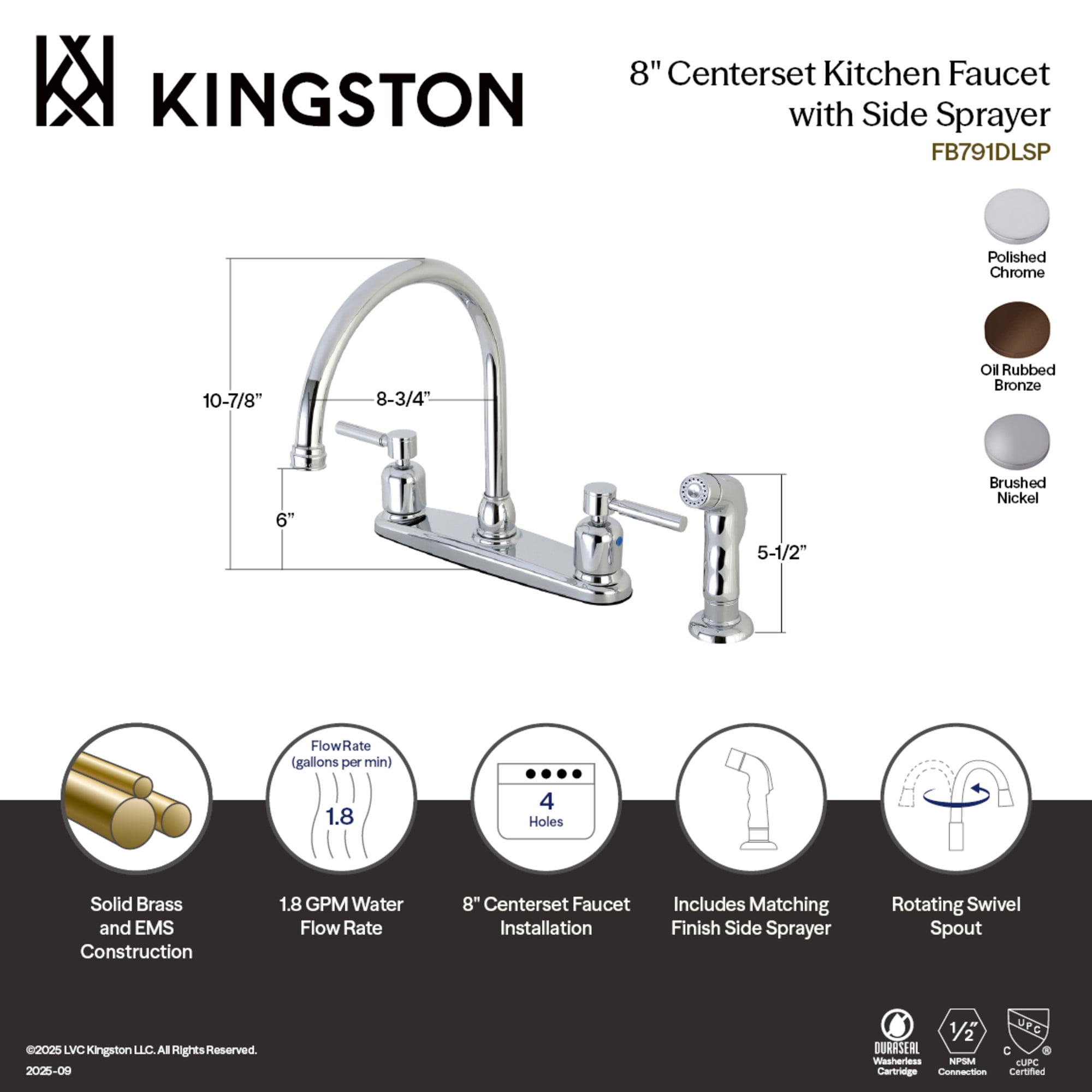 Kingston FB795DLSP Concord Two-Handle 4-Hole 8" Centerset Kitchen Faucet with Side Sprayer in Oil Rubbed Bronze