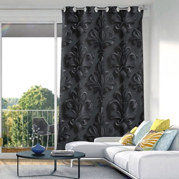 Blackout Curtains Window Curtain for Bedroom Living Room 1 Panel 82"x52" 3d Dark Black Damask