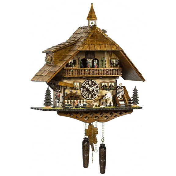 Quartz Cuckoo Clock Black Forest house with moving wood chopper and mill wheel, with music TU 4259 QMT HZZG