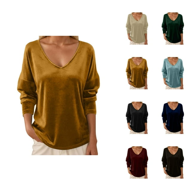 Hauts en Velours pour Femmes 2026 Mode Automne Hiver Manches Longues Col en V Rétro Décontracté T-Shirts pour Sortir