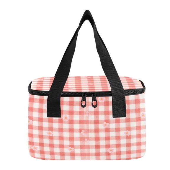 6L Insulated Lunch Bag Square Handheld Cooler Tote Pink Flower Red Check Pattern Reusable Thermal Bag with Polyester & Aluminum Lining for Work Picnic Travel