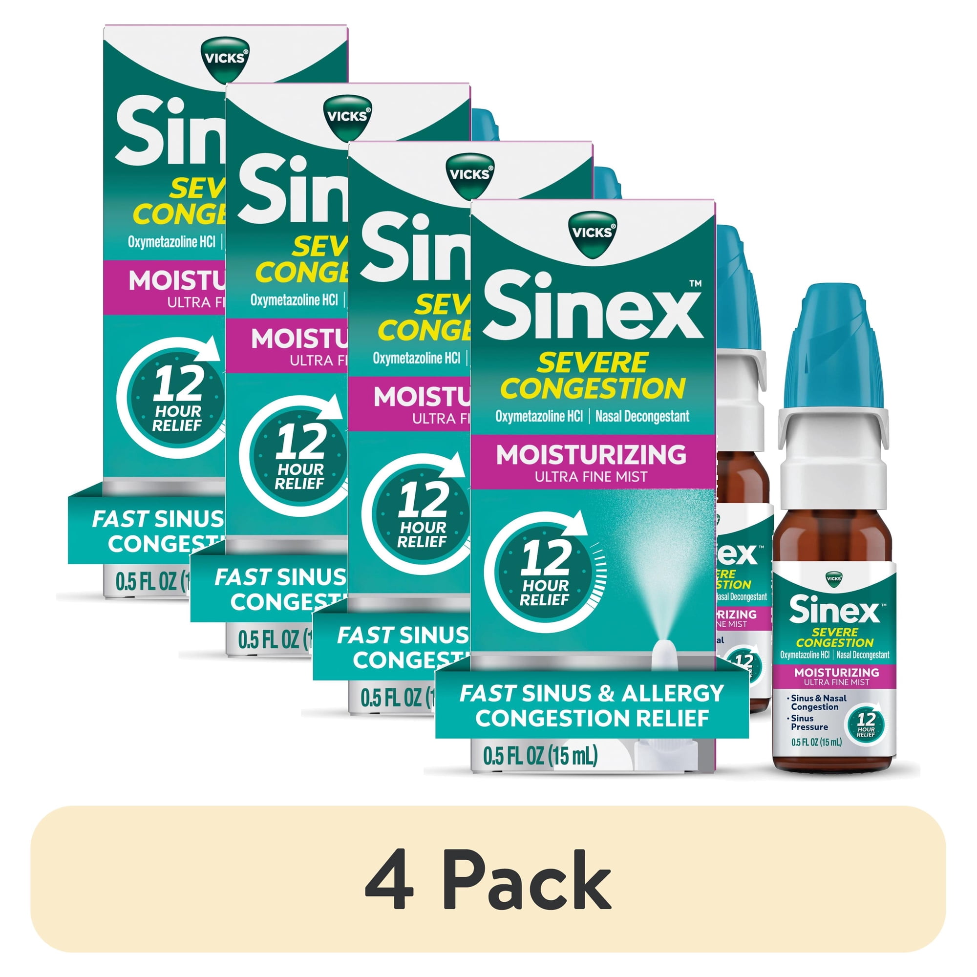 (4 pack) Vicks Sinex Severe Congestion Moisturizing Nasal Spray, Nasal Decongestant for Sinus Relief, 0.5 fl oz