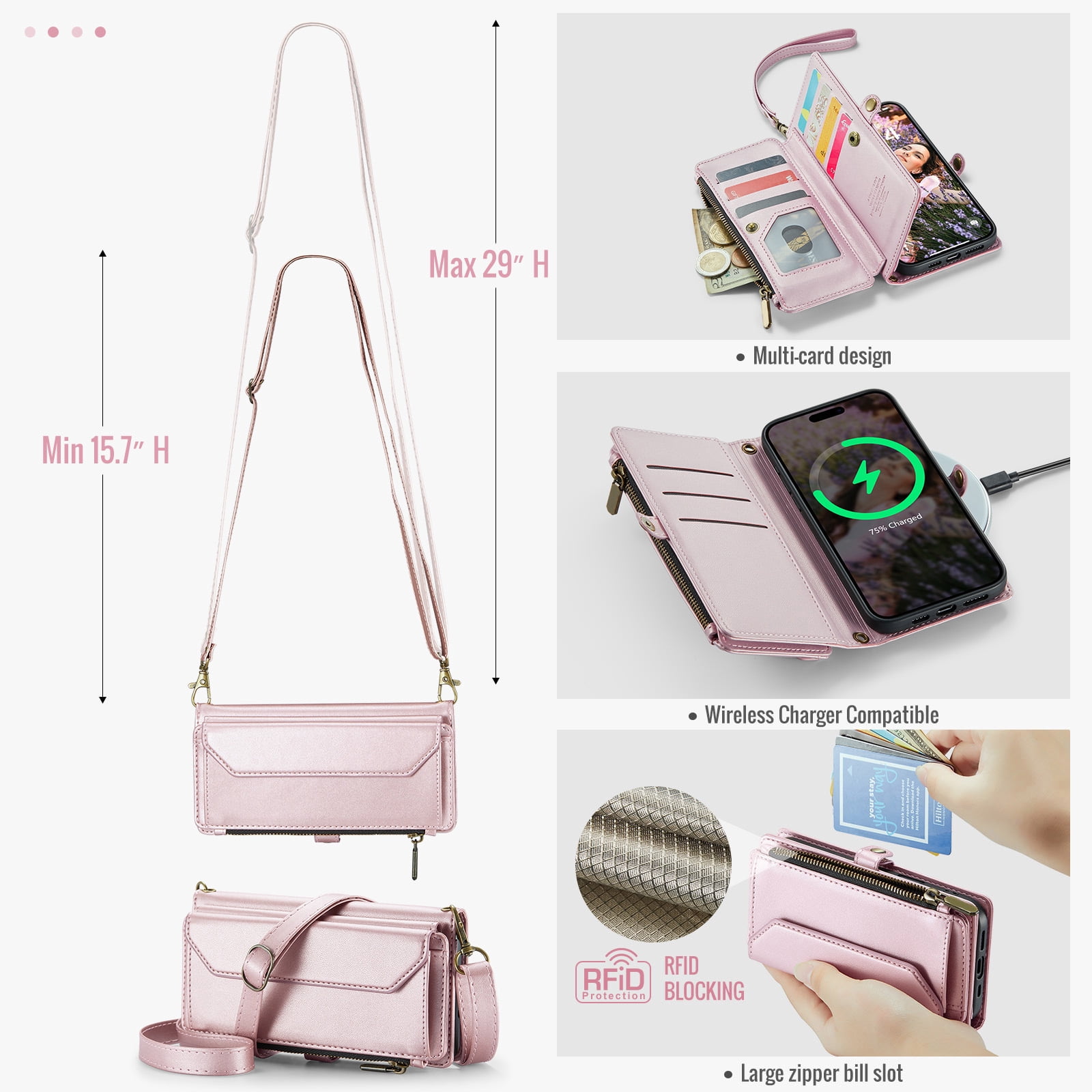Compatible with iPhone 16 Plus 6.7 inch Zipper Wallet Phone Case Tempered Glass Screen Protector Crossbody Lanyard Strap Flip Card Holder Slot Cell Cover for i Phone16 16+ i16 16Plus Women Rose Gold