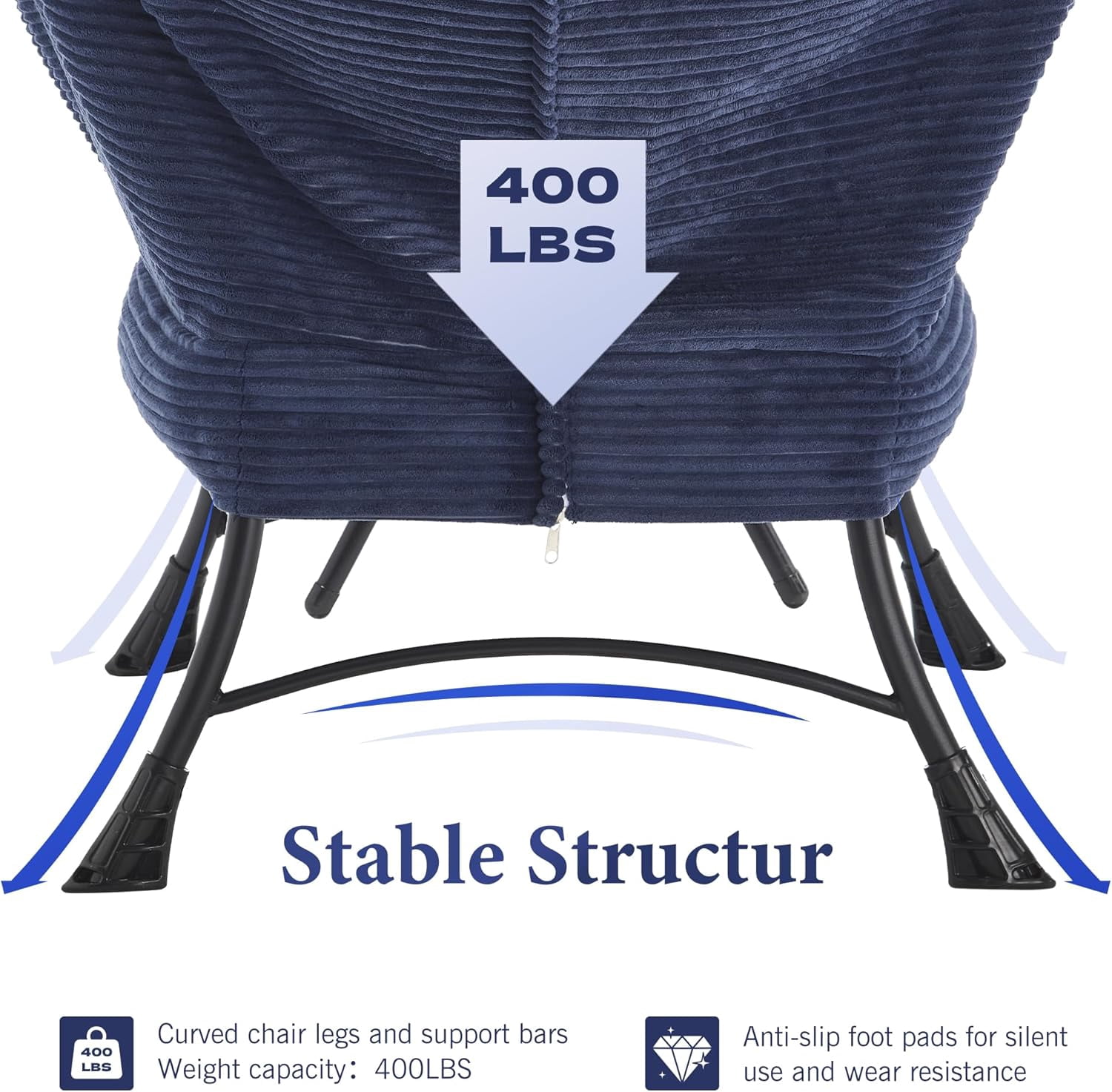 MOONMISS Corduroy Upholstered Oversized Lazy Chair Set of 2 with Folding Ottoman and a Side Pocket,Navy Blue