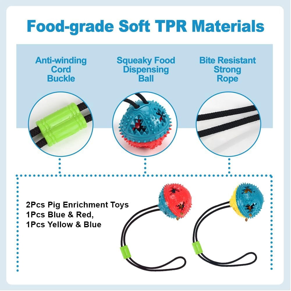 2Pcs Pig Enrichment Toys – Hanging Treat Ball for Pellets & Grains, Chew & Slow Feeder Toy with Rope for Mini Pigs