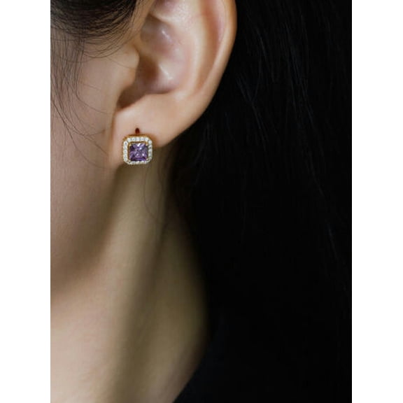 QQTDFG Square Crystal Cz 925 Sterling Silver Stud Earrings F1086-J - Gold with Purple Stone