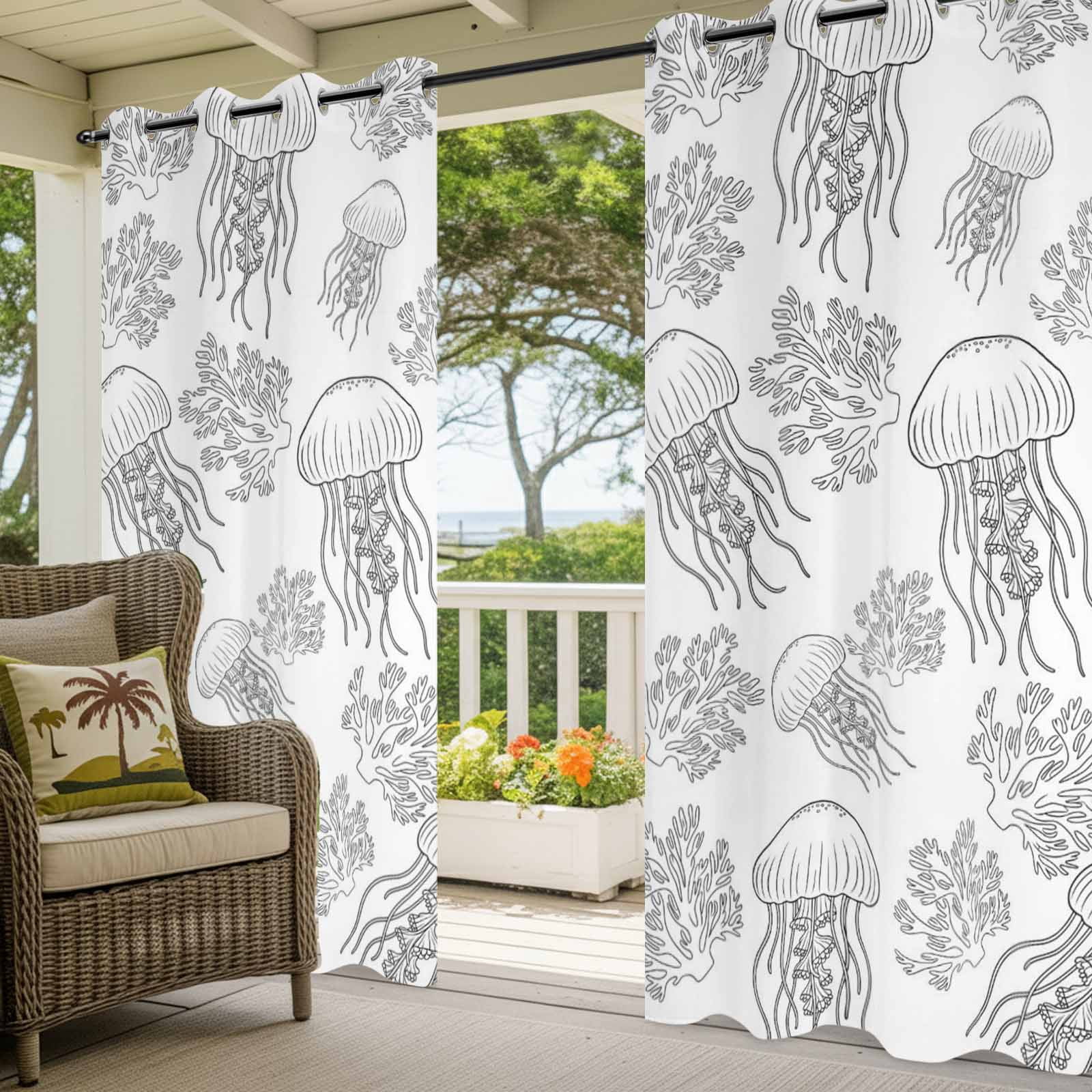 Marine Life Outdoor Curtains for Patio, Oceans Jellyfish Coral Line Sketches Style Black Sunshade Privacy Drapes Grommet Waterproof Outside Curtains for Porch/Cabana/Balcony 54"x 108", 1 Panel