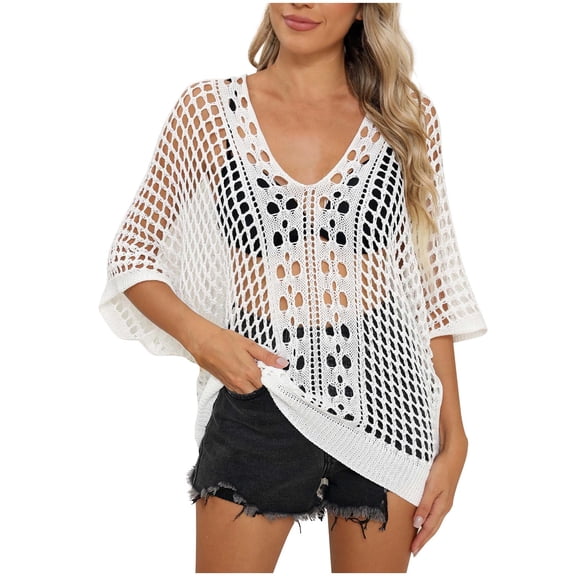 2026 Summer Women's Swimsuits Cover up Fashion Plus Size V-Neck Smock Hollow Casual Short Solid Color Loose Beach Smock