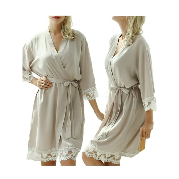 Biekopu Women Silk Robes Lace Trim Short Satin Sleepwear 3/4 Sleeve V-Neck Dressing Gown Bathrobe Nightwear with Belt