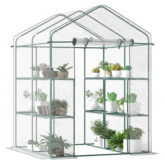 Walk-in Greenhouse 5'x5'x6', Portable Hot House with Shelves & Roll-Up Door, Outdoor Garden Plant Protector