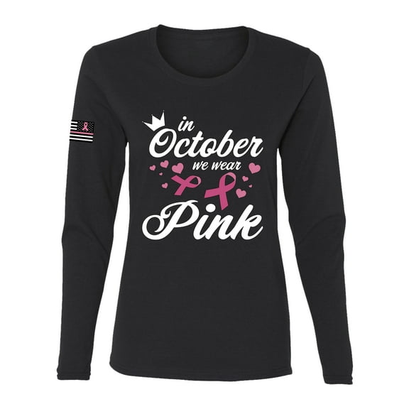 Wild Bobby In October We Wear Pink Crown US Flag Breast Cancer Awareness Women Graphic Long Sleeve Tee, Black, Small
