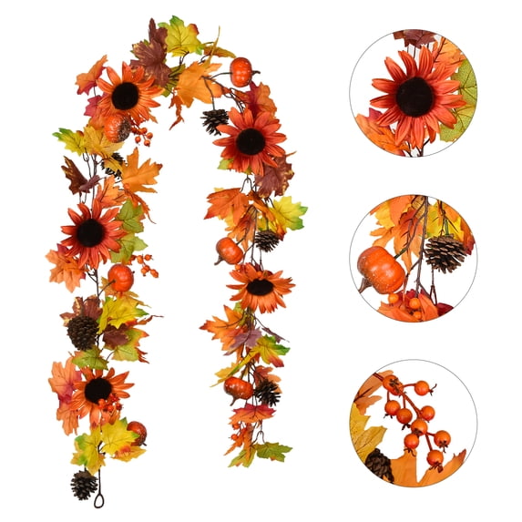 Coolmade Fake Fall Maple Leaf Garland Hanging Vine- 6 Feet - Artificial Berries Sunflower Pumpkin Autumn Decoration for Wedding Party Thanksgiving Dinner Fireplace Door Frame Doorway Backdrop Décor