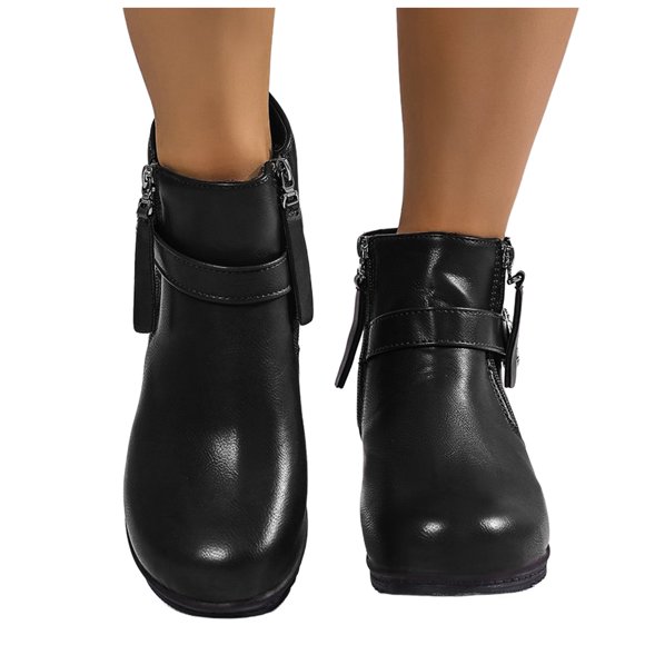 Wedges Boots for Women Ladies Fashion Buckle Leather Round Toe Heeled Ankle Booties Short Dress Boots with Side Zipper