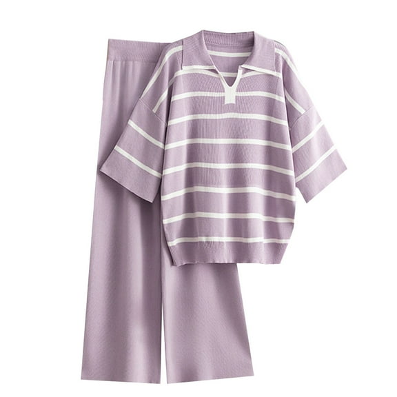 FRSASU Womens Lounge Set Striped Knit Long Sleeve Top and Wide Leg Pants 2 Piece Athletic Set Purple