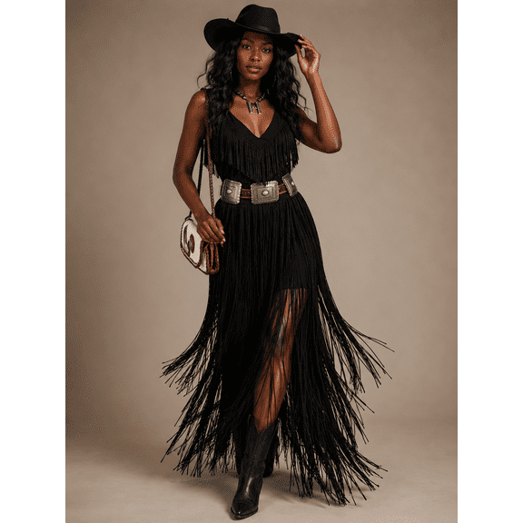 Women's Black Fringe Maxi Dress, Sleeveless V Neck Western-Inspired Gown