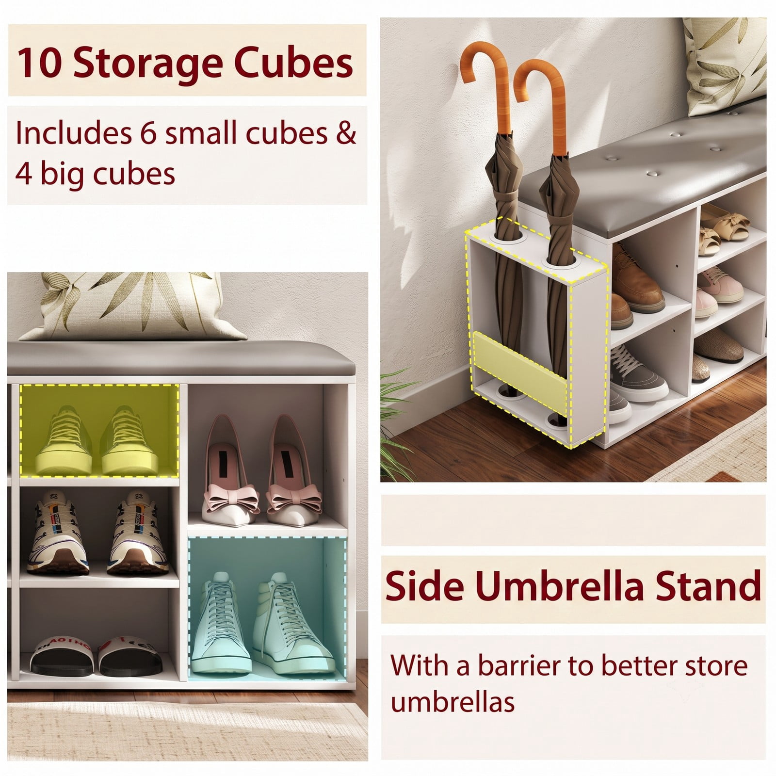 Furnibear Shoe Storage Bench with Umbrella Stand and 10 Adjustable Cube Shelves and Tufted Padded Seat for Entryway and Hallway, White