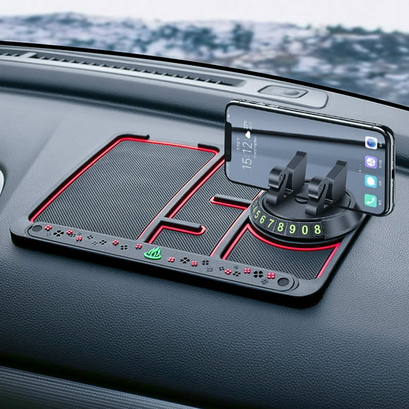 4 in 1 Non-Slip Car Phone Mat, 2022 New Luminous Car Dashboard Phone Mat with Temporary Parking Pass Badge and Aromatherapy, Universal Anti-Sway Phone Holder (Red)