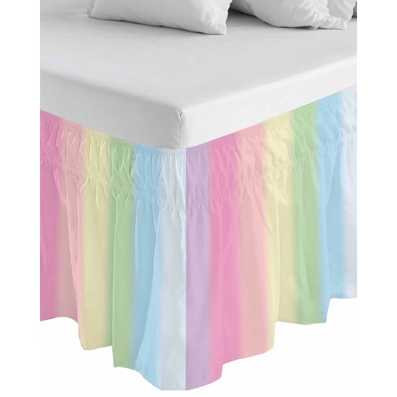 Rainbow Stripes Wrap Around Bed Skirts for Queen Bed 18" Drop,Bed Skirt with Adjustable Elastic Belt Dust Ruffle Bed Valance for Bedroom Hotel Modern Colorful Cream Striped Aesthetics Bed Frame Cover