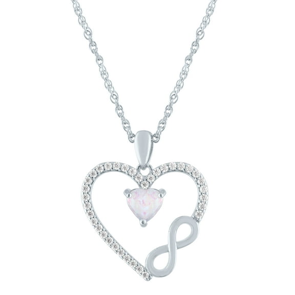Ladies Brilliance Fine Jewelry Sterling Silver Plated Simulated Opal and CZ Infinity Heart Pendant, 18"