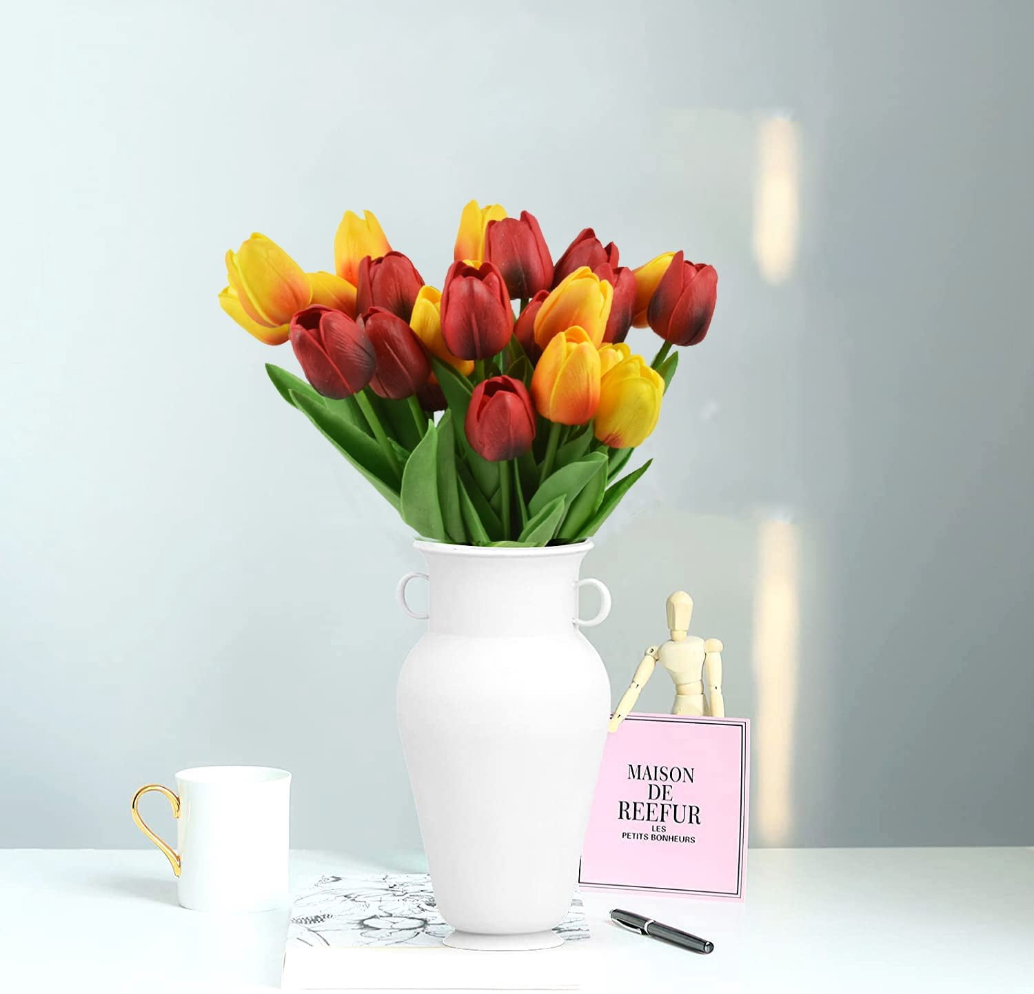 Morttic 24pcs Artificial Tulips Flowers Fake Faux PU Tulip Bouquet Real Touch Flowers Table Arrangement for Home Room Office Party Wedding Decoration (Red and Orange)
