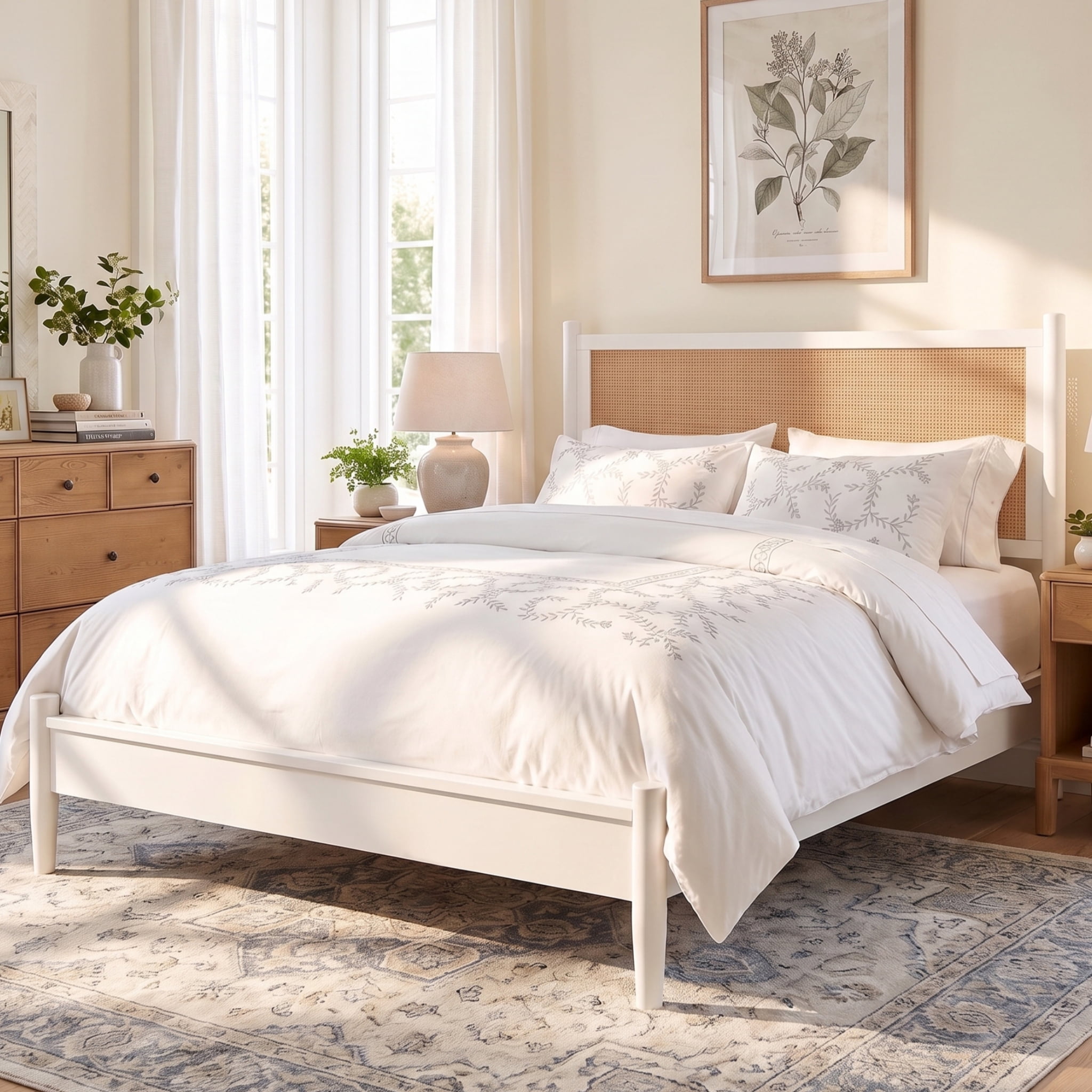 Euroco Modern Wood King Size Platform Bed with Rattan Headboard,Wicker Bed, No Box Spring Needed, White