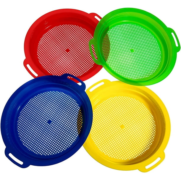 4 tamices de arena para arena de playa 24,5 x 22 cm plástico playa arena tamiz Pan juguetes arena colador regalo conjunto rojo azul amarillo verde para niños arena tamiz Shell JAMW Sencillez