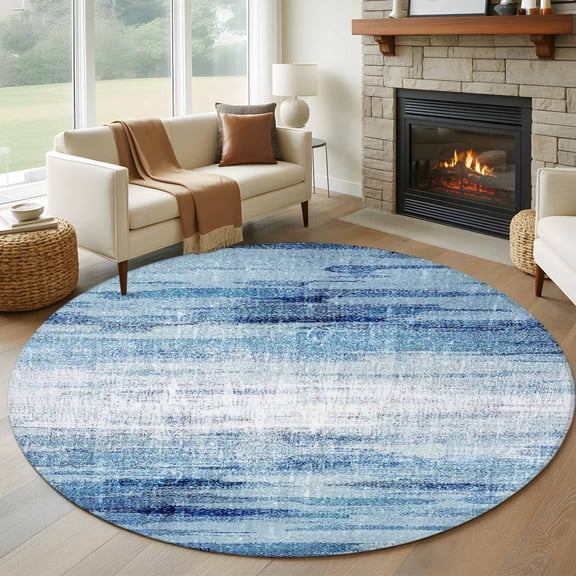 8ft Round Rug, Vintage Blue Non-Skid Rubber Backing Large Area Rugs - Living Room Bedroom Home Office, Retro Blue Ombre Modern Abstract Art Indoor Floor Mat Carpets Washable Rug
