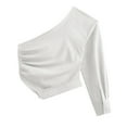thumbnail image 5 of Womens Fashion Tops Fall Casual Loose Long Sleeve One-Shoulder Solid Shirt Stretch Ruched Blouse, 5 of 6