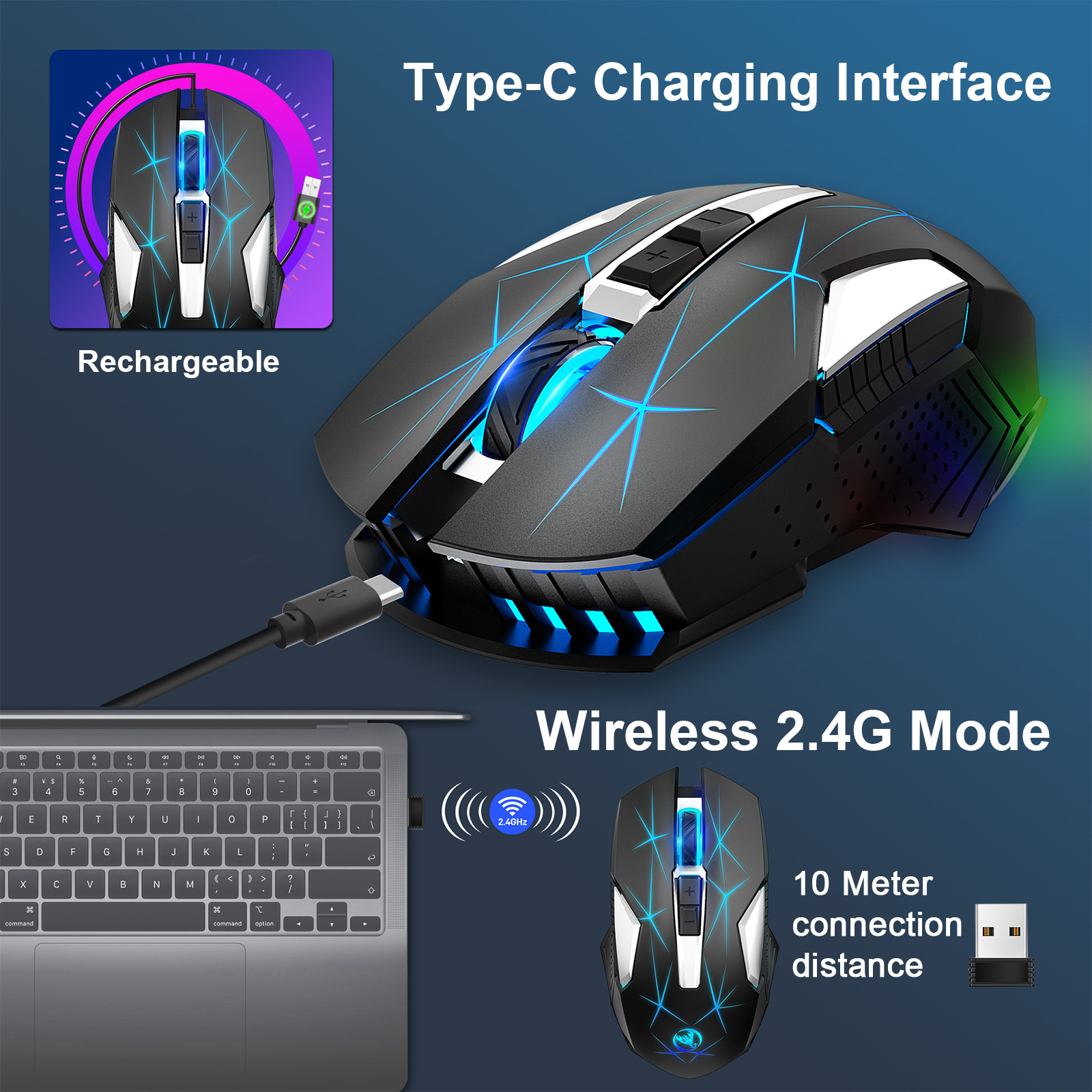 Wireless Gaming Mouse for Laptop, Rechargeable USB 2.4G PC Gaming Mouse with 5 Adjustable DPI, 7 Colors LED Lights, 6 Silent Buttons, Ergonomic Optical Mouse for Computer, Laptop, Desktop, Mac, PC