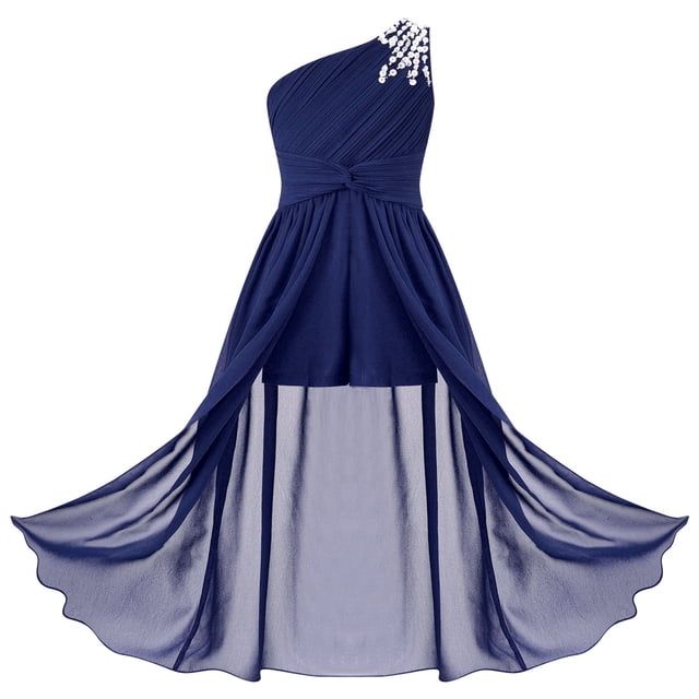 ranrann Robe à une Épaule pour Filles Enfants Combinaison Formelle Robe de Danse Froncée Ligne A Longue Robes de Mariage Bleu Marine 14