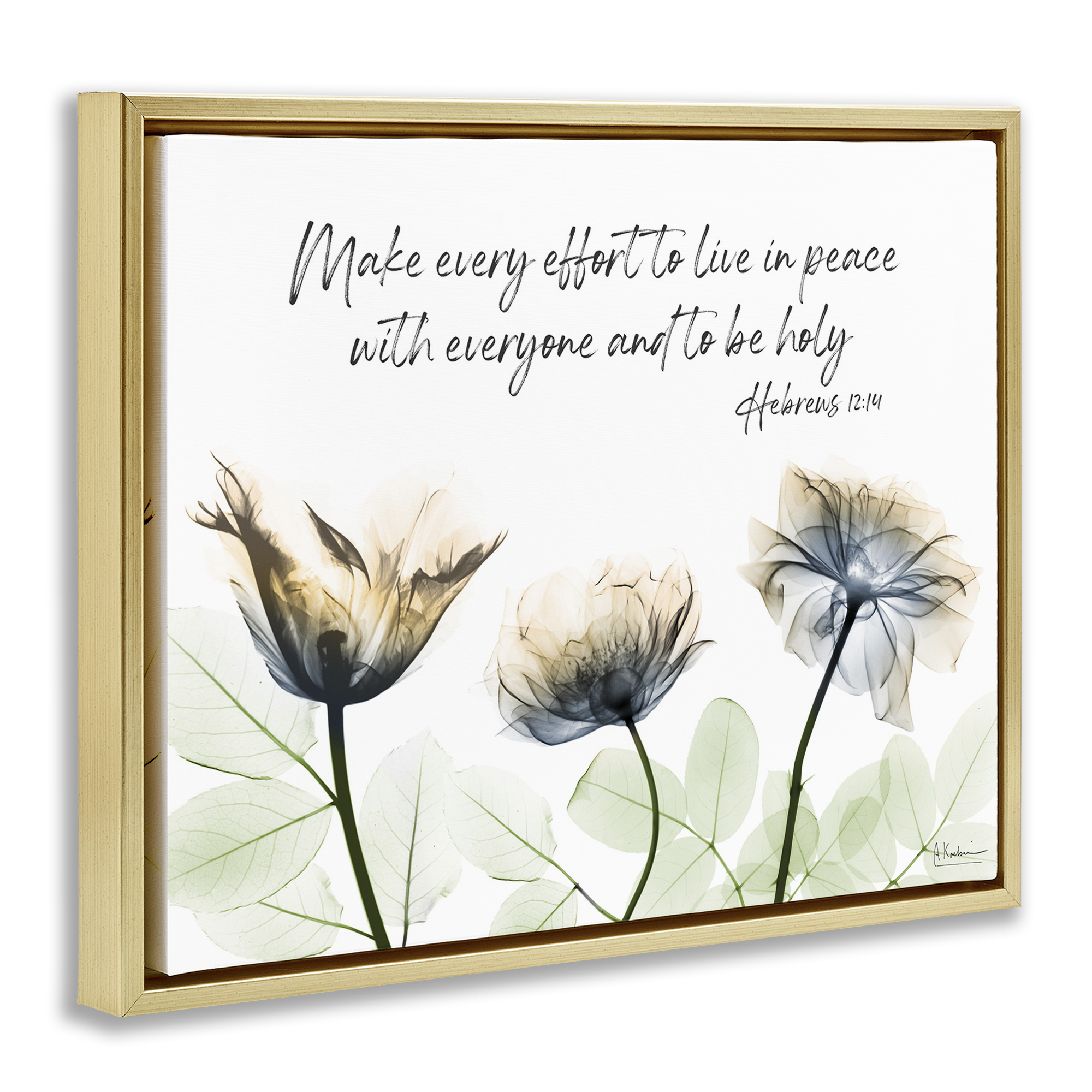 Stupell Industries Live In Peace Floral Religious Painting Gold Floater Framed Art Print Wall Art, 31 x 25