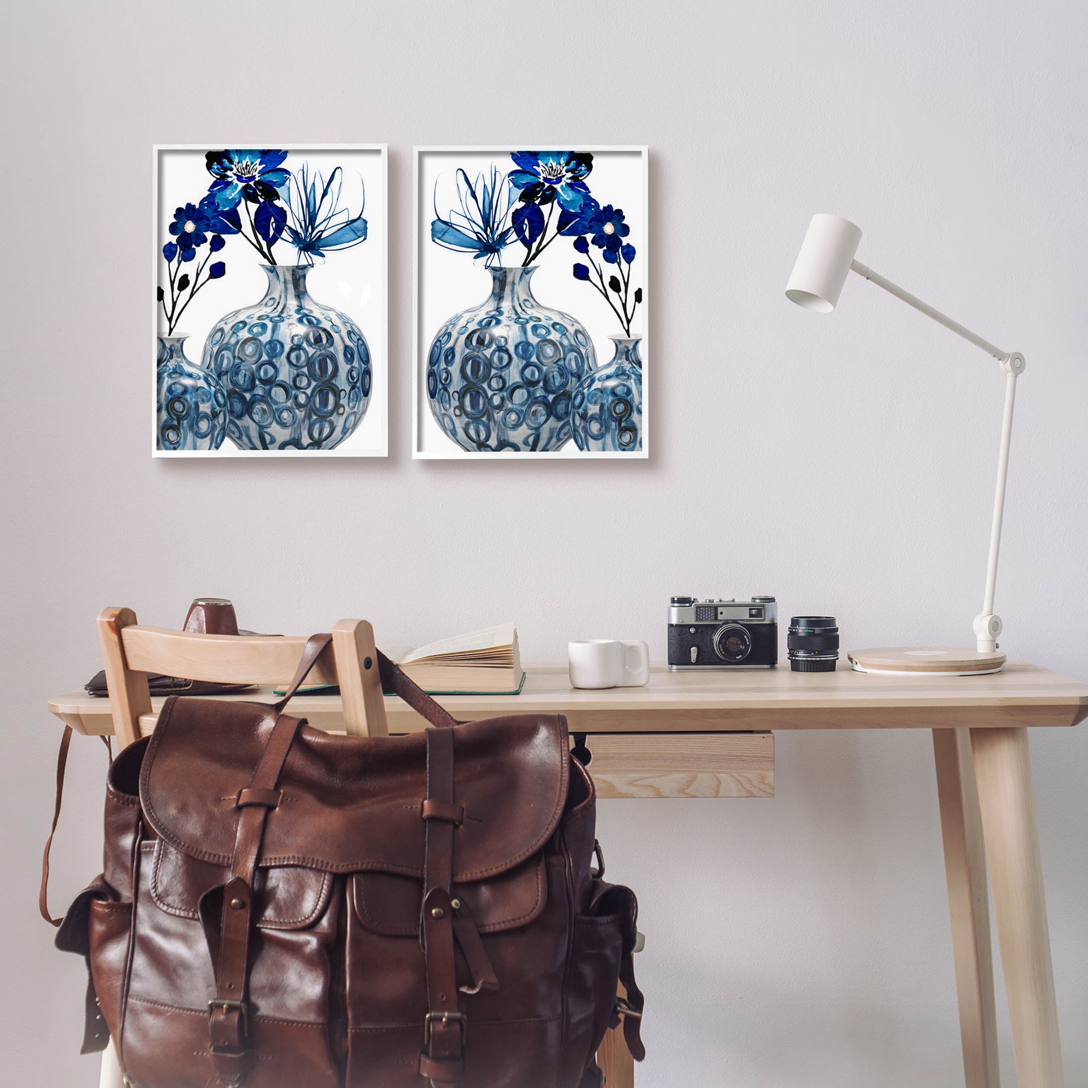 Bold Blue Ikebana Patterned Vase Botanical & Floral Graphic Art White Framed Art Print Wall Art, Set of 2