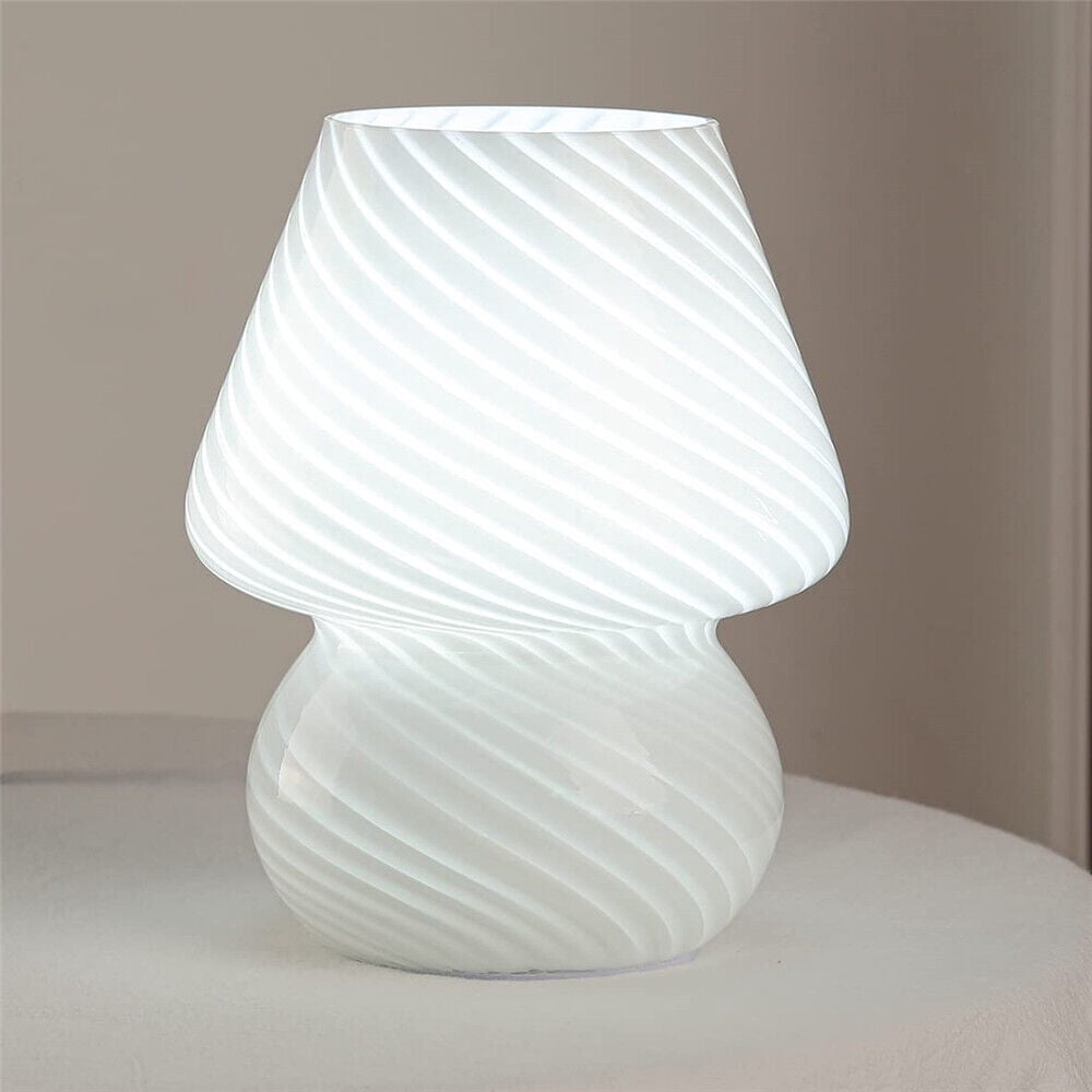 Glass Mushroom Bedside Table Lamp, White Translucent Murano Vintage Style Striped Small Nightstand Desklamp Swirl Light for Home Decor, Dining, Living, Bedroom, Gift